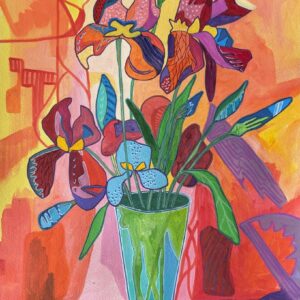 Burning Irises, red floral painting by Kajsa Li