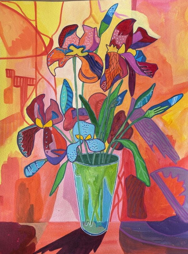 Burning Irises, red floral painting by Kajsa Li